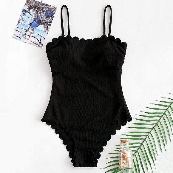 Zaful Other - ZAFUL Scalloped One Piece Swimsuit with Back Clasp in Black
